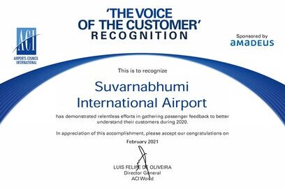 Airports of Thailand received “The Voice of Customer Recognition” 2020 from ACI for the relentless efforts of its six airports. namely