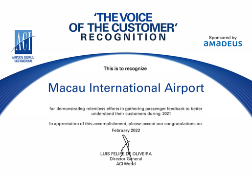 Macau International Airport Awarded ACI “The Voice of the Customer” Recognition